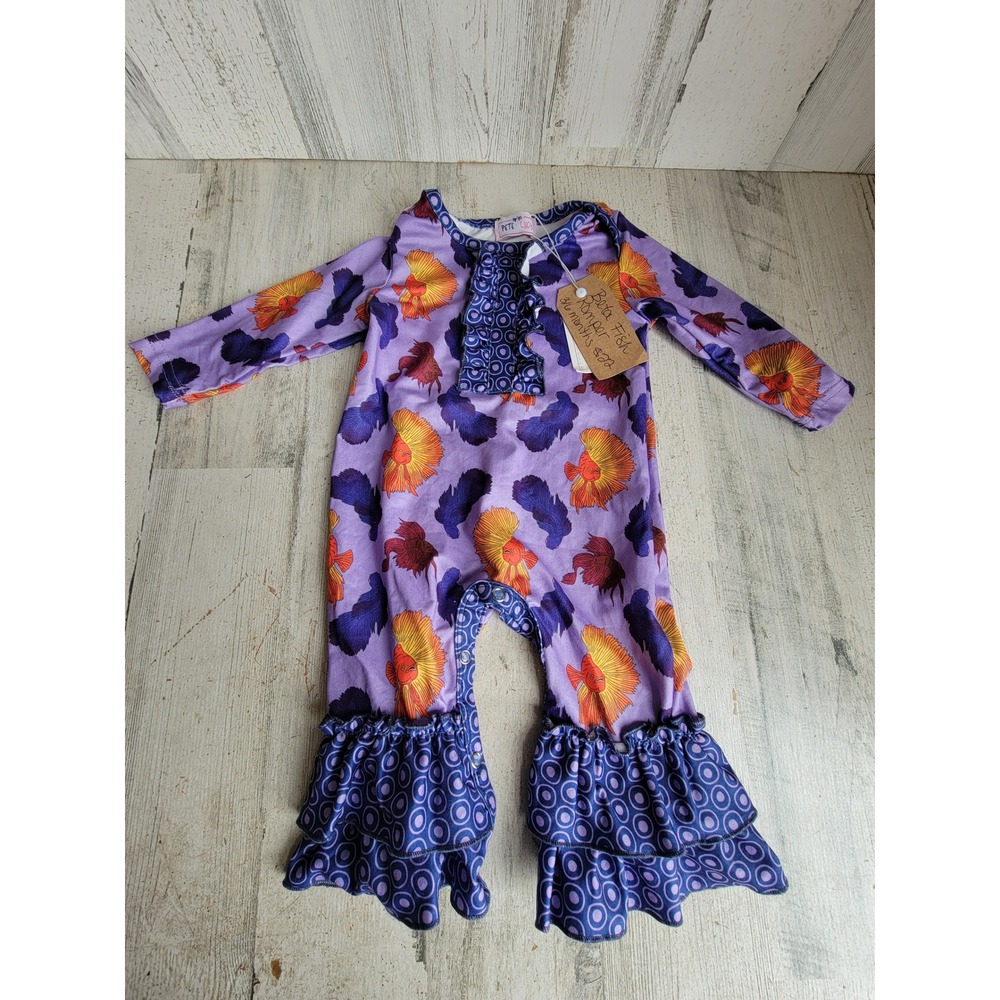 Pete Lucy 3-6 months purple fish romper baby outfit unique apparel